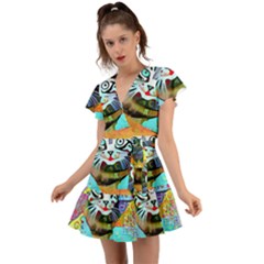 Kitten Cat Pet Animal Adorable Fluffy Cute Kitty Flutter Sleeve Wrap Dress