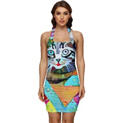 Kitten Cat Pet Animal Adorable Fluffy Cute Kitty Sleeveless Wide Square Neckline Ruched Bodycon Dress