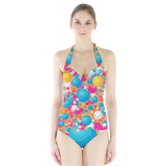 Circles Art Seamless Repeat Bright Colors Colorful Halter Swimsuit