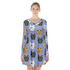 Cat Cat Background Animals Little Cat Pets Kittens Long Sleeve Velvet V-neck Dress