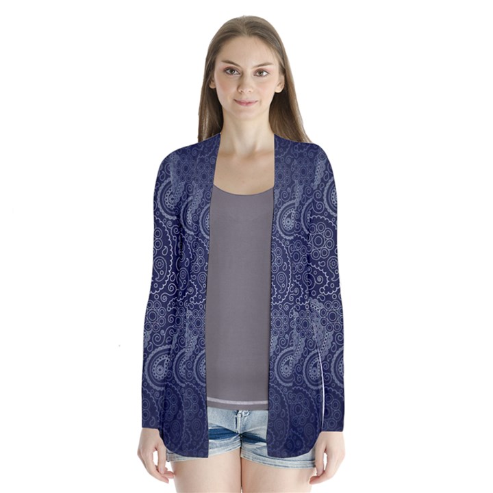 Blue Paisley Texture, Blue Paisley Ornament Drape Collar Cardigan