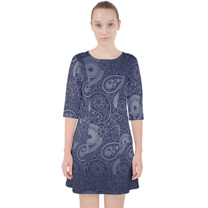 Blue Paisley Texture, Blue Paisley Ornament Quarter Sleeve Pocket Dress