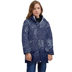 Blue Paisley Texture, Blue Paisley Ornament Kids  Hooded Longline Puffer Jacket by nateshop