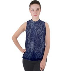 Blue Paisley Texture, Blue Paisley Ornament Mock Neck Chiffon Sleeveless Top by nateshop