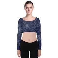 Blue Paisley Texture, Blue Paisley Ornament Velvet Long Sleeve Crop Top by nateshop