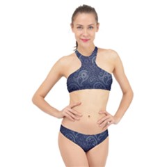 Blue Paisley Texture, Blue Paisley Ornament High Neck Bikini Set by nateshop