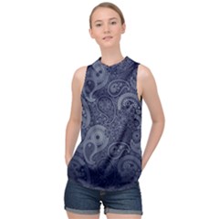 Blue Paisley Texture, Blue Paisley Ornament High Neck Satin Top by nateshop