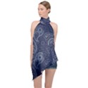 Blue Paisley Texture, Blue Paisley Ornament Halter Asymmetric Satin Top View1