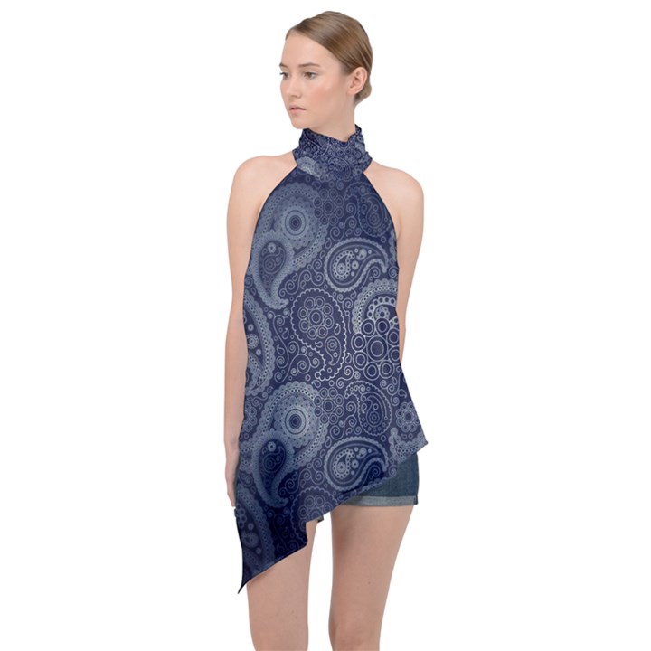 Blue Paisley Texture, Blue Paisley Ornament Halter Asymmetric Satin Top