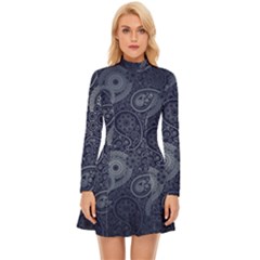 Blue Paisley Texture, Blue Paisley Ornament Long Sleeve Velour Longline Dress by nateshop