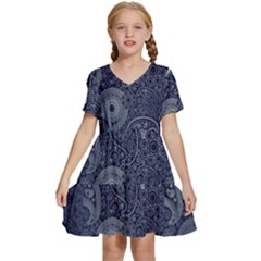 Blue Paisley Texture, Blue Paisley Ornament Kids  Short Sleeve Tiered Mini Dress by nateshop