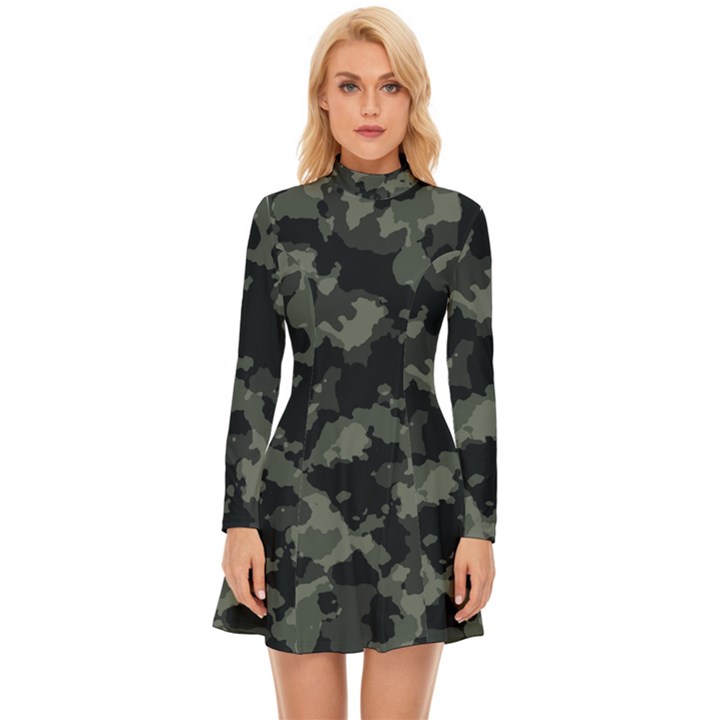 Camouflage, Pattern, Abstract, Background, Texture, Army Long Sleeve Velour Longline Dress