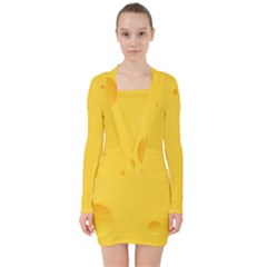 Cheese Texture, Yellow Backgronds, Food Textures, Slices Of Cheese V-neck Bodycon Long Sleeve Dress by nateshop