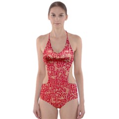 Chinese Hieroglyphs Patterns, Chinese Ornaments, Red Chinese Cut-out One Piece Swimsuit by nateshop