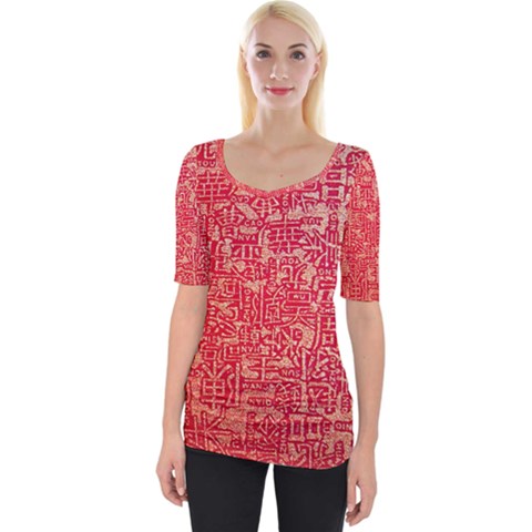 Chinese Hieroglyphs Patterns, Chinese Ornaments, Red Chinese Wide Neckline T-shirt by nateshop