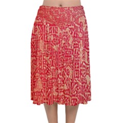 Chinese Hieroglyphs Patterns, Chinese Ornaments, Red Chinese Velvet Flared Midi Skirt by nateshop