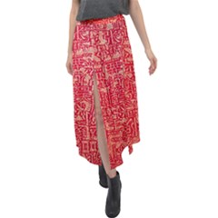 Chinese Hieroglyphs Patterns, Chinese Ornaments, Red Chinese Velour Split Maxi Skirt by nateshop