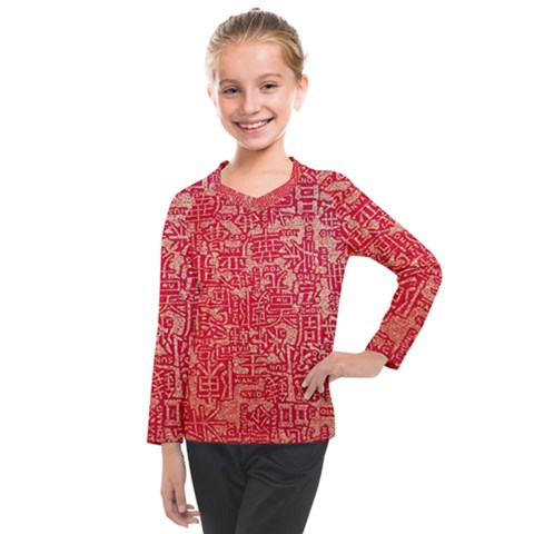 Chinese Hieroglyphs Patterns, Chinese Ornaments, Red Chinese Kids  Long Mesh T-shirt by nateshop