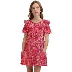 Chinese Hieroglyphs Patterns, Chinese Ornaments, Red Chinese Kids  Frilly Sleeves Pocket Dress