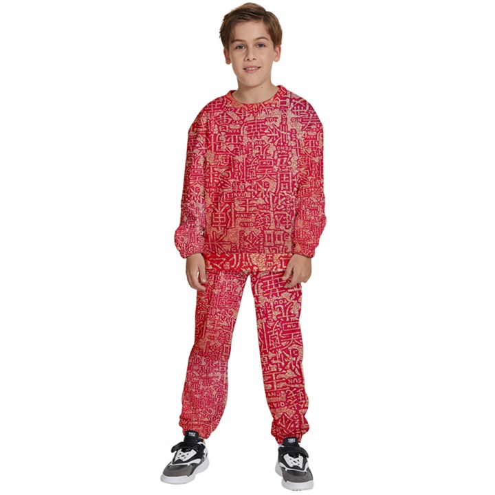 Chinese Hieroglyphs Patterns, Chinese Ornaments, Red Chinese Kids  Sweatshirt set