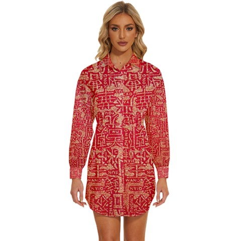 Chinese Hieroglyphs Patterns, Chinese Ornaments, Red Chinese Womens Long Sleeve Shirt Dress by nateshop