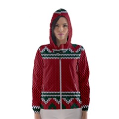 Christmas Pattern, Fabric Texture, Knitted Red Background Women s Hooded Windbreaker by nateshop