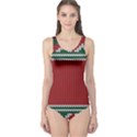 Christmas Pattern, Fabric Texture, Knitted Red Background One Piece Swimsuit View1