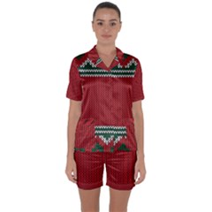 Christmas Pattern, Fabric Texture, Knitted Red Background Satin Short Sleeve Pajamas Set by nateshop