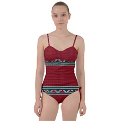 Christmas Pattern, Fabric Texture, Knitted Red Background Sweetheart Tankini Set by nateshop