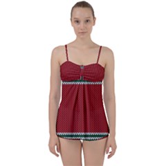 Christmas Pattern, Fabric Texture, Knitted Red Background Babydoll Tankini Set by nateshop