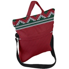 Christmas Pattern, Fabric Texture, Knitted Red Background Fold Over Handle Tote Bag by nateshop