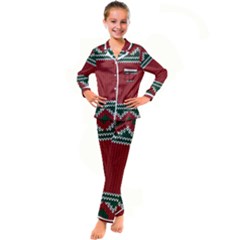 Christmas Pattern, Fabric Texture, Knitted Red Background Kids  Satin Long Sleeve Pajamas Set by nateshop