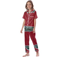 Christmas Pattern, Fabric Texture, Knitted Red Background Kids  Satin Short Sleeve Pajamas Set by nateshop