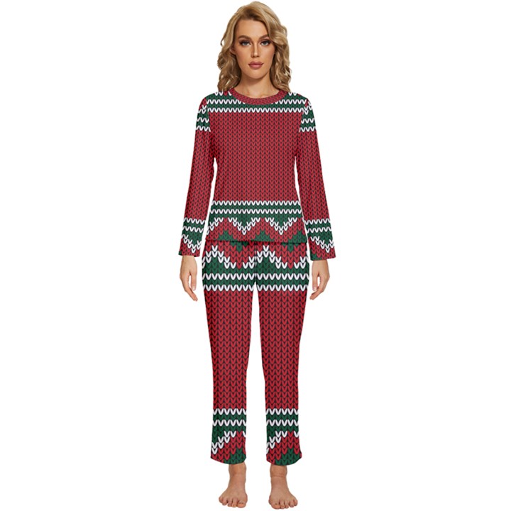 Christmas Pattern, Fabric Texture, Knitted Red Background Womens  Long Sleeve Lightweight Pajamas Set