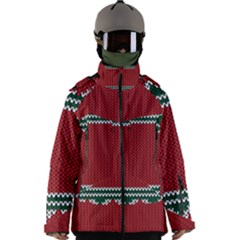 Christmas Pattern, Fabric Texture, Knitted Red Background Men s Zip Ski And Snowboard Waterproof Breathable Jacket by nateshop