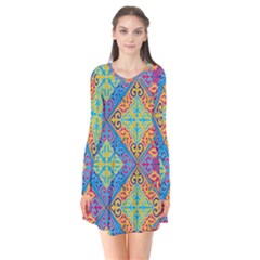 Colorful Floral Ornament, Floral Patterns Long Sleeve V-neck Flare Dress by nateshop