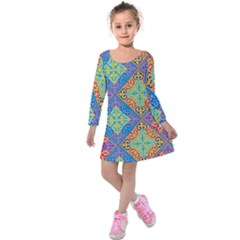 Colorful Floral Ornament, Floral Patterns Kids  Long Sleeve Velvet Dress by nateshop