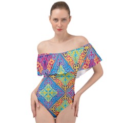 Colorful Floral Ornament, Floral Patterns Off Shoulder Velour Bodysuit  by nateshop