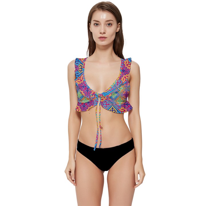 Colorful Floral Ornament, Floral Patterns Low Cut Ruffle Edge Bikini Top