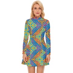 Colorful Floral Ornament, Floral Patterns Long Sleeve Velour Longline Dress by nateshop