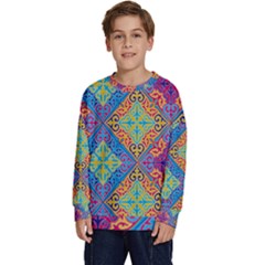 Colorful Floral Ornament, Floral Patterns Kids  Crewneck Sweatshirt by nateshop