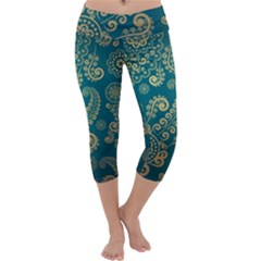 European Pattern, Blue, Desenho, Retro, Style Capri Yoga Leggings