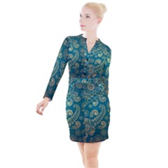 European Pattern, Blue, Desenho, Retro, Style Button Long Sleeve Dress by nateshop