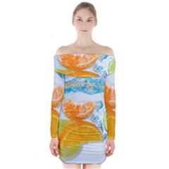 Fruits, Fruit, Lemon, Lime, Mandarin, Water, Orange Long Sleeve Off Shoulder Dress by nateshop