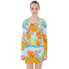 Fruits, Fruit, Lemon, Lime, Mandarin, Water, Orange V-neck Bodycon Long Sleeve Dress by nateshop