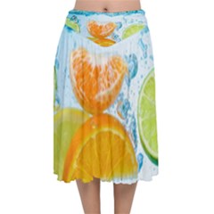 Fruits, Fruit, Lemon, Lime, Mandarin, Water, Orange Velvet Flared Midi Skirt