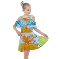 Fruits, Fruit, Lemon, Lime, Mandarin, Water, Orange Kids  Shoulder Cutout Chiffon Dress by nateshop