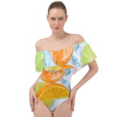 Fruits, Fruit, Lemon, Lime, Mandarin, Water, Orange Off Shoulder Velour Bodysuit  by nateshop