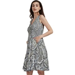 Gray Paisley Texture, Paisley Sleeveless V-neck Skater Dress With Pockets by nateshop