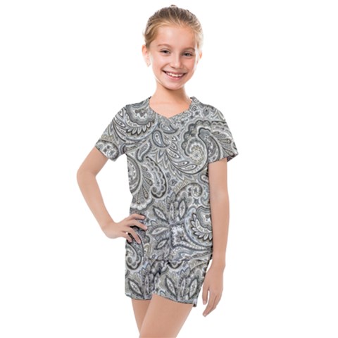 Gray Paisley Texture, Paisley Kids  Mesh T-shirt And Shorts Set by nateshop